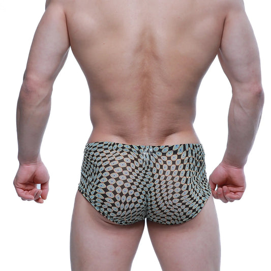 Black briefs metroMalewear Horus Trunk 2125-81 with repeating light blue and white circular motifs for men’s wear