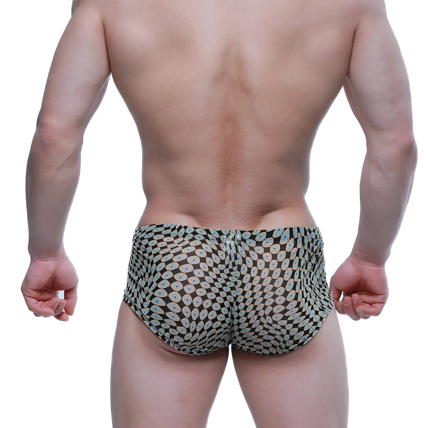 Black briefs metroMalewear Horus Trunk 2125-81 with repeating light blue and white circular motifs for men’s wear