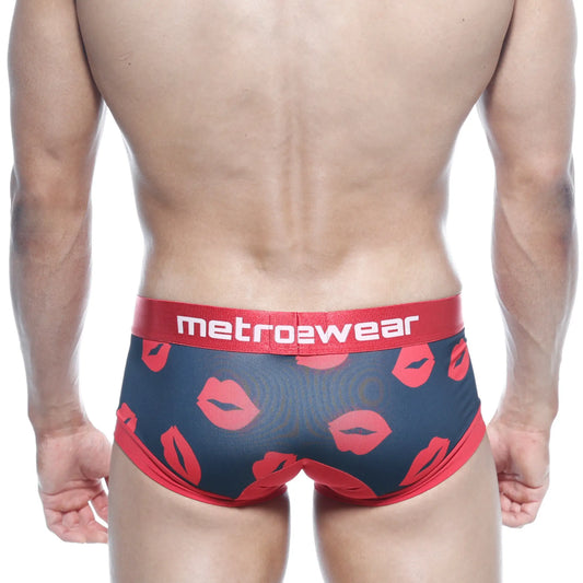 Navy blue metro2wear briefs with red lipstick print and matching red waistband from metroMalewear hotties boxer valentine line