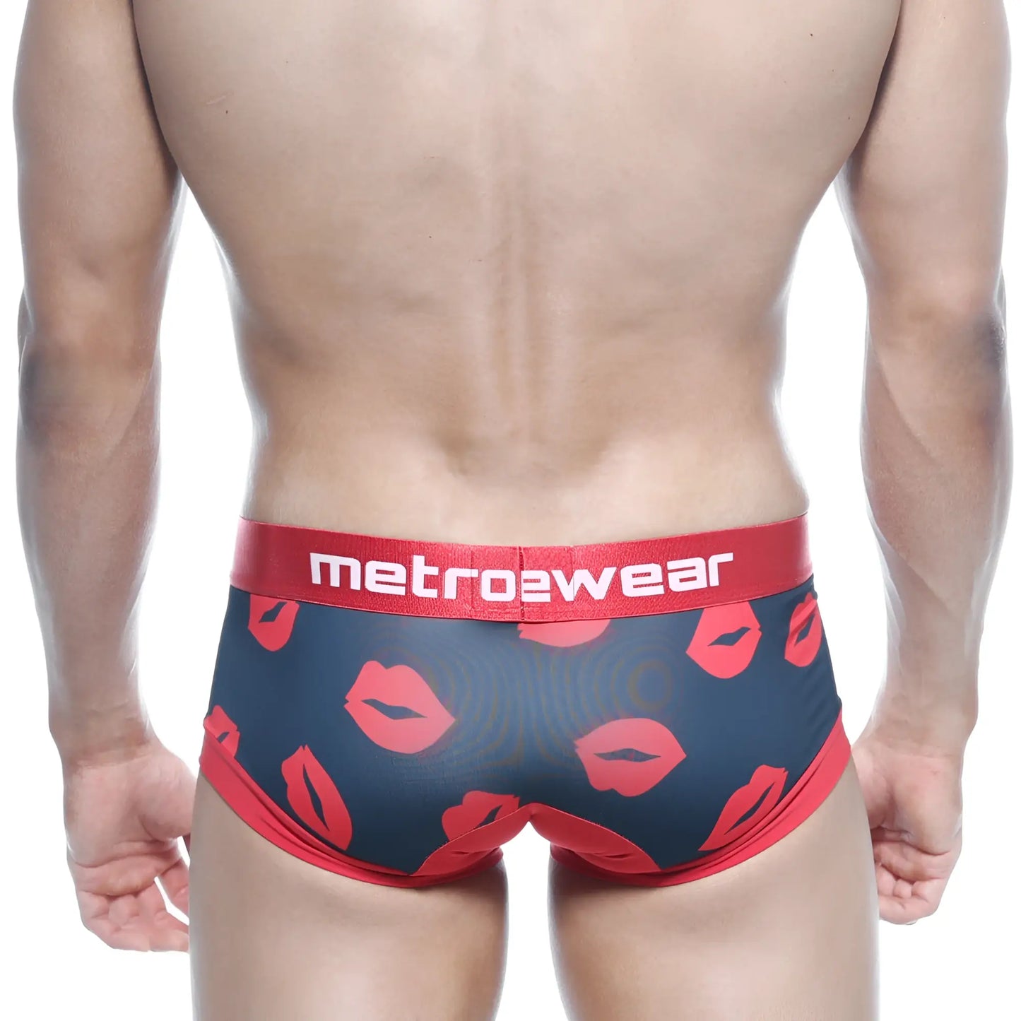 Navy blue metro2wear briefs with a red lipstick print and matching red waistband.