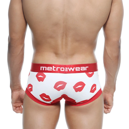White metro male wear hotties boxer valentine briefs with red lipstick print and branded red waistband
