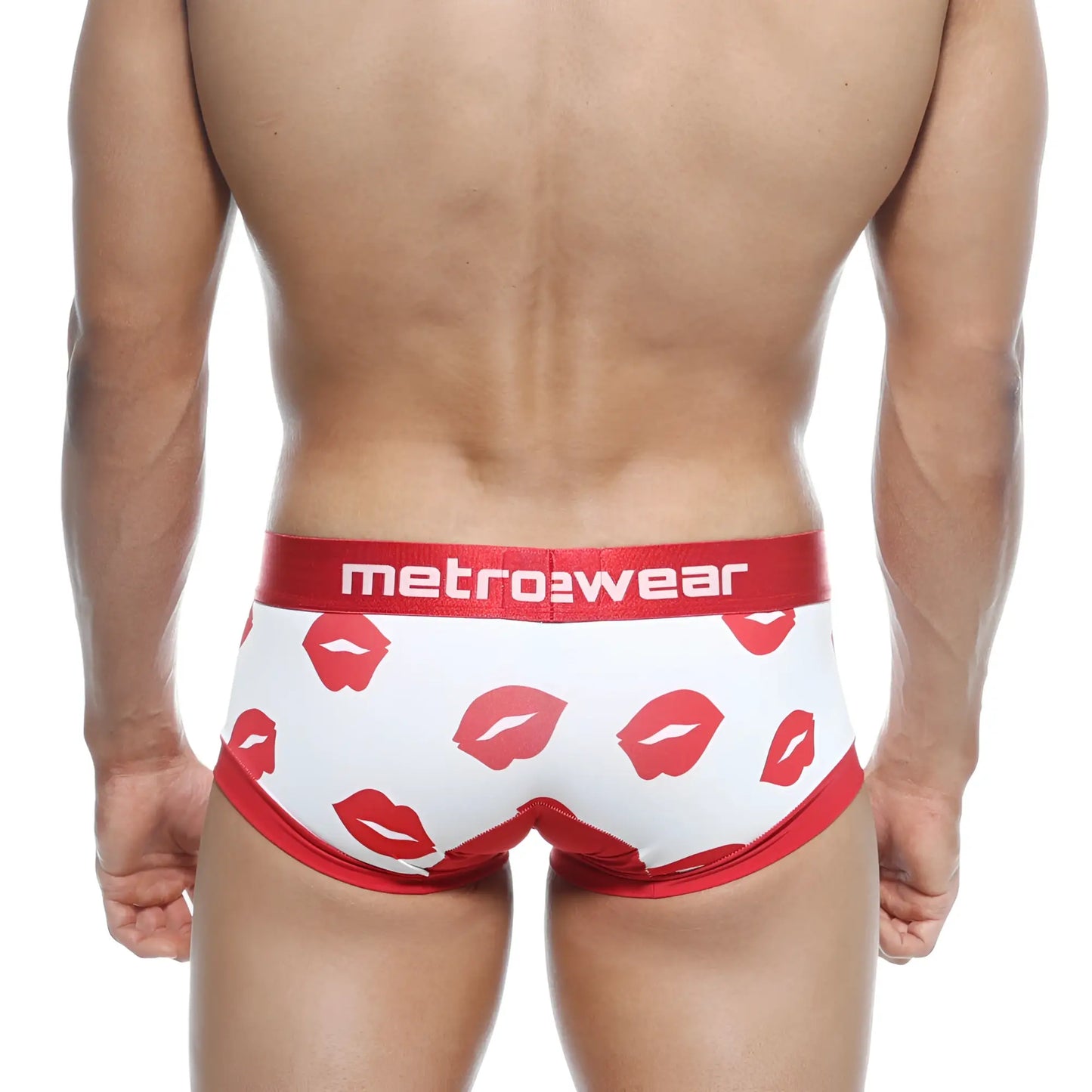 White metro male wear hotties boxer valentine briefs with red lipstick print and branded red waistband