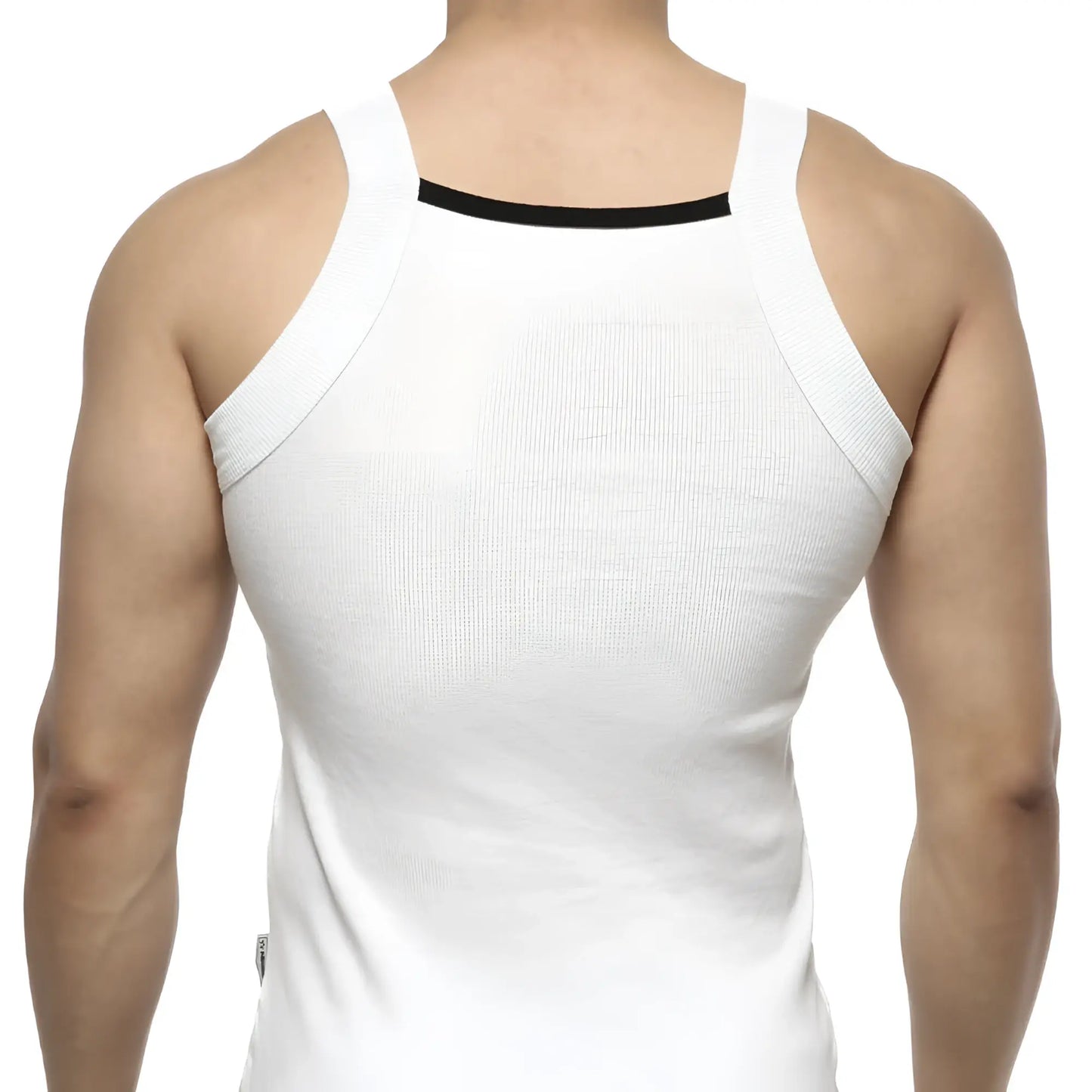 White ribbed MetroMaleWear Hummer tank top with black trim along the neckline for casual wear