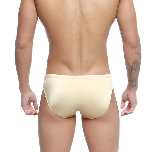 Beige satin metroMalewear hunter swim brief gold 4977-21 with a smooth shiny finish