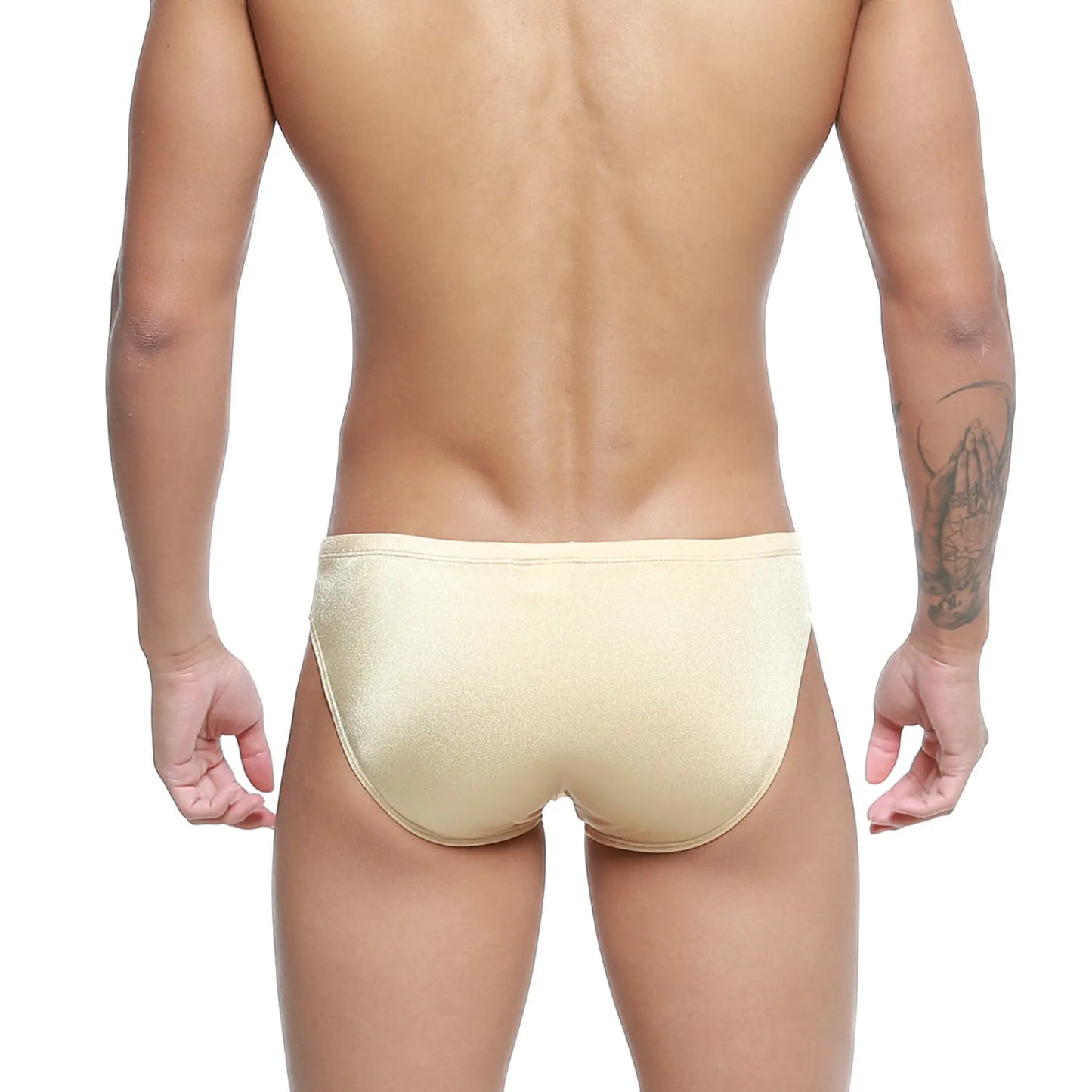 Beige satin metroMalewear hunter swim brief gold 4977-21 with a smooth shiny finish