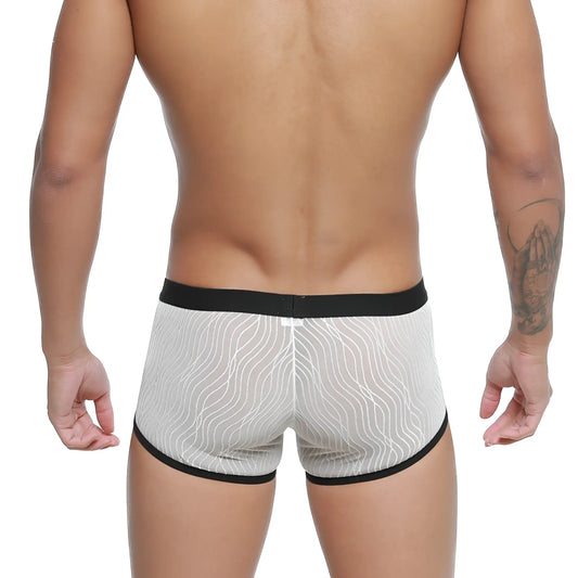 MetroMalewear iberico trunk ivory sheer white boxer briefs with black trim and wavy line pattern