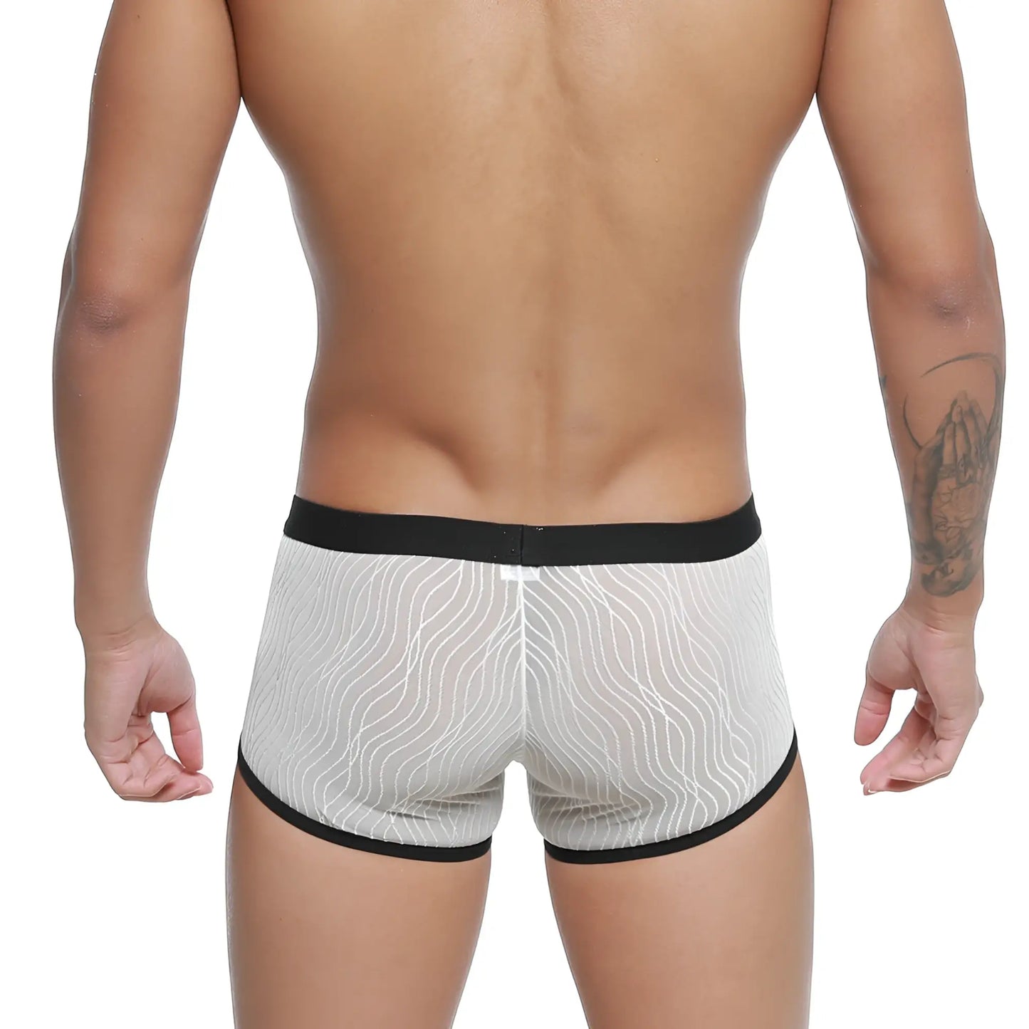 MetroMalewear iberico trunk ivory sheer white boxer briefs with black trim and wavy line pattern