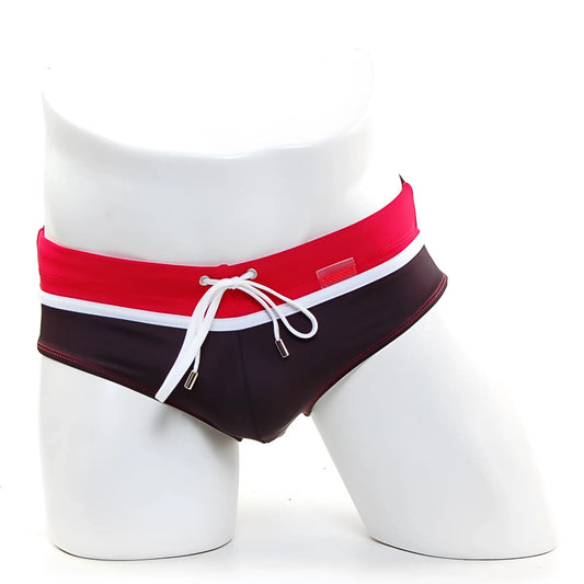 MetroMaleWear Ibiza swim brief black 4928-22 red and black swim trunks with white trim and drawstring front view