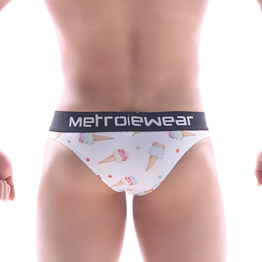 White mens briefs in ice cream cone pattern with pastel swirls and black metrowear waistband shown from back