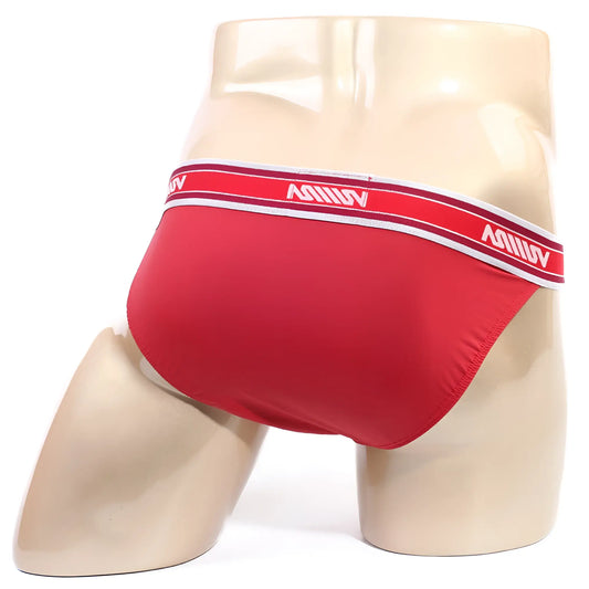 Red men’s briefs metroMalewear inferno bikini with white and red striped waistband featuring aomiv logo