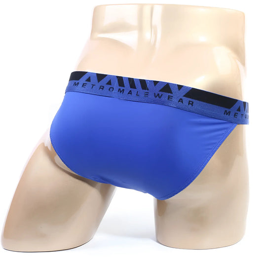 MetroMaleWear Inferno bikini royal blue briefs with black waistband and white metromalewear logo for comfortable fit
