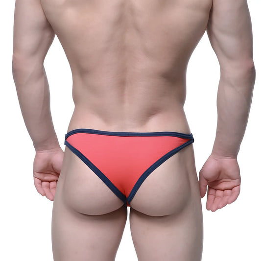 Coral-colored briefs with navy blue trim from metromalewear infinito bikini 6017-14 for comfortable daily wear