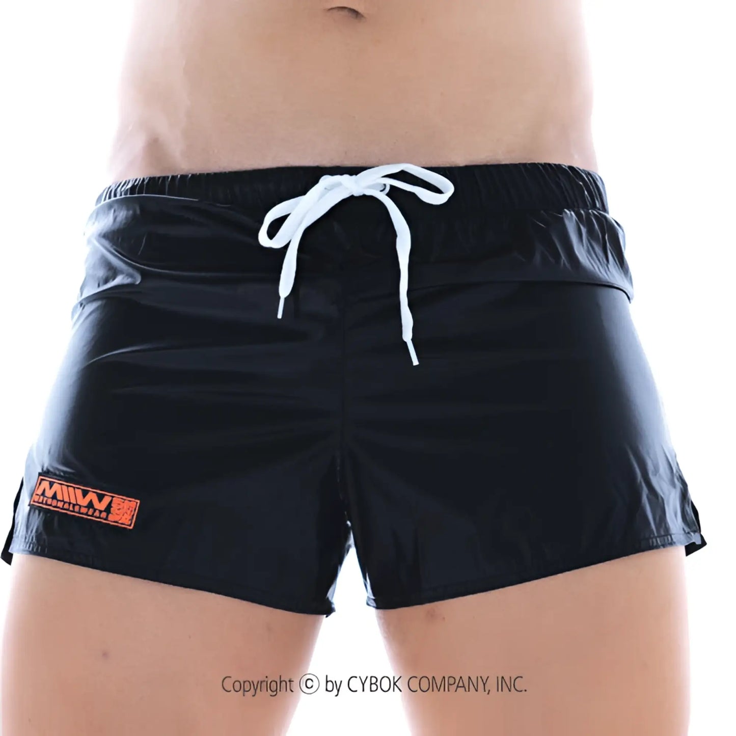 Black MetroMaleWear Iron Sports swim trunks with white drawstring and orange logo patch on left leg for activewear
