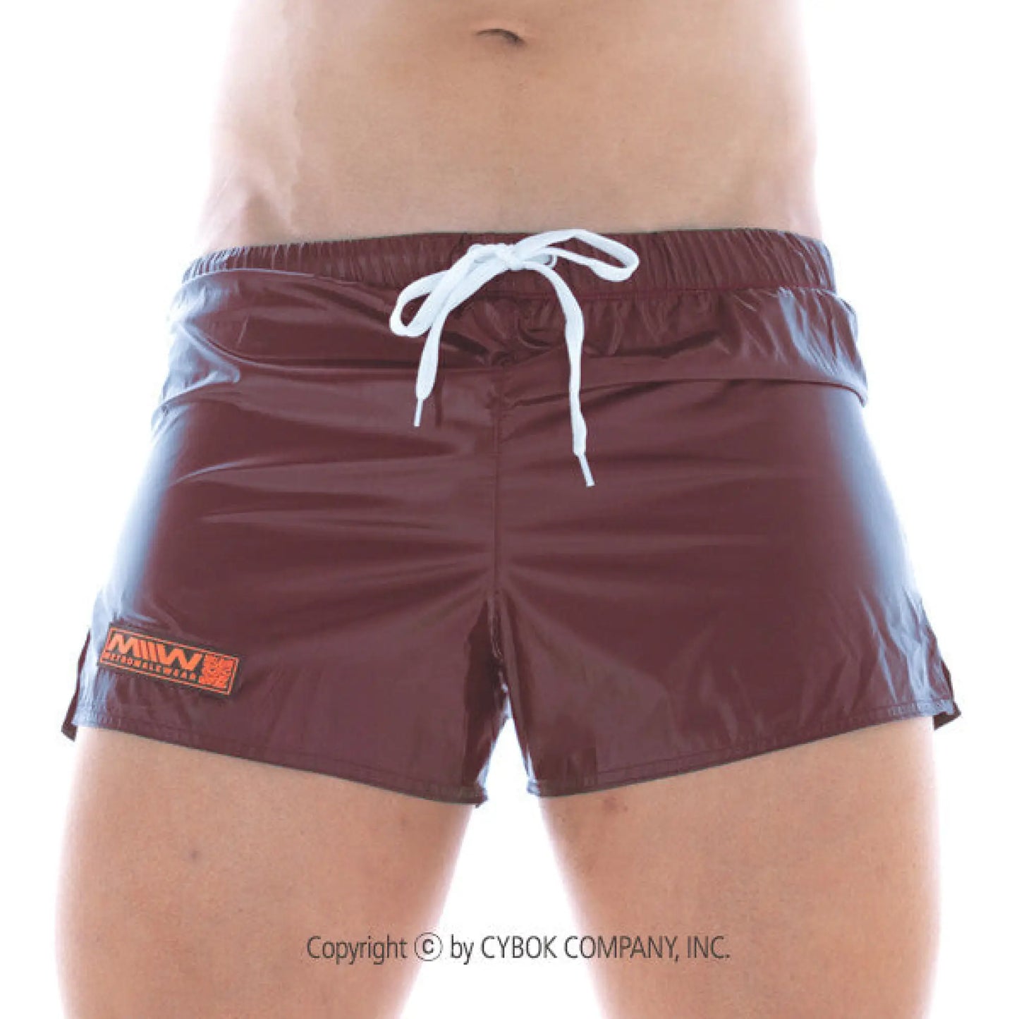 Maroon shiny iron sports short with white drawstring and small orange logo on left leg from MetroMaleWear