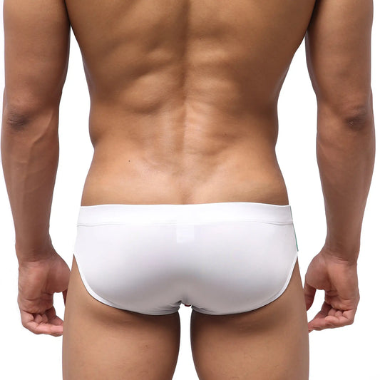 White form-fitting Italian swim bikini with seamless design by MetroMaleWear for stylish beachwear