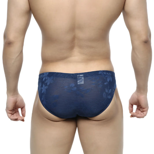 Navy blue sheer lace briefs with floral pattern from metromalewear jacquard bikini royal 5103-16 front view