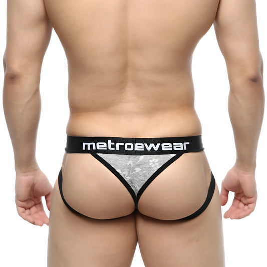 Black and silver patterned jacquard thong with metroewear branded waistband from metromalewear gray 2901-07 collection