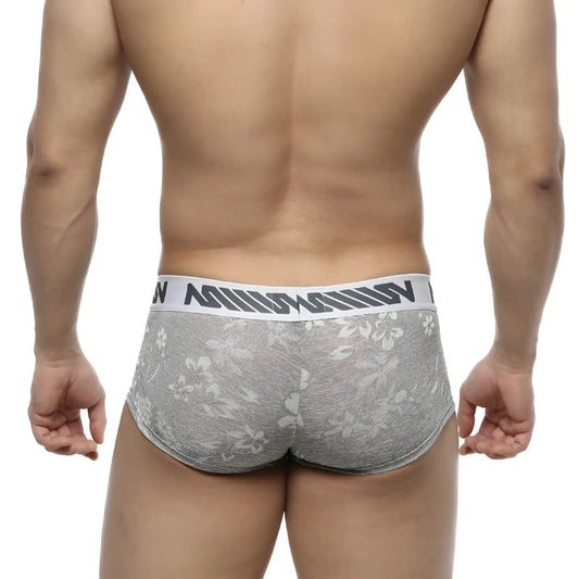 Gray lace briefs with a white waistband featuring black metro male wear jacquard lettering front view