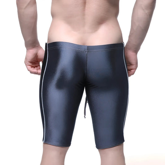 Black shiny MetroMaleWear Jammer swim boxer with white side stitching designed for swimming and active wear