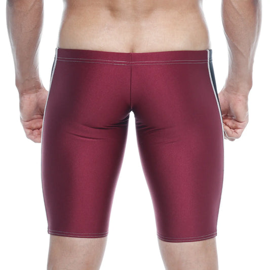 Maroon MetroMaleWear Jammer swim boxer with white and black side stripes designed for swimming and water sports