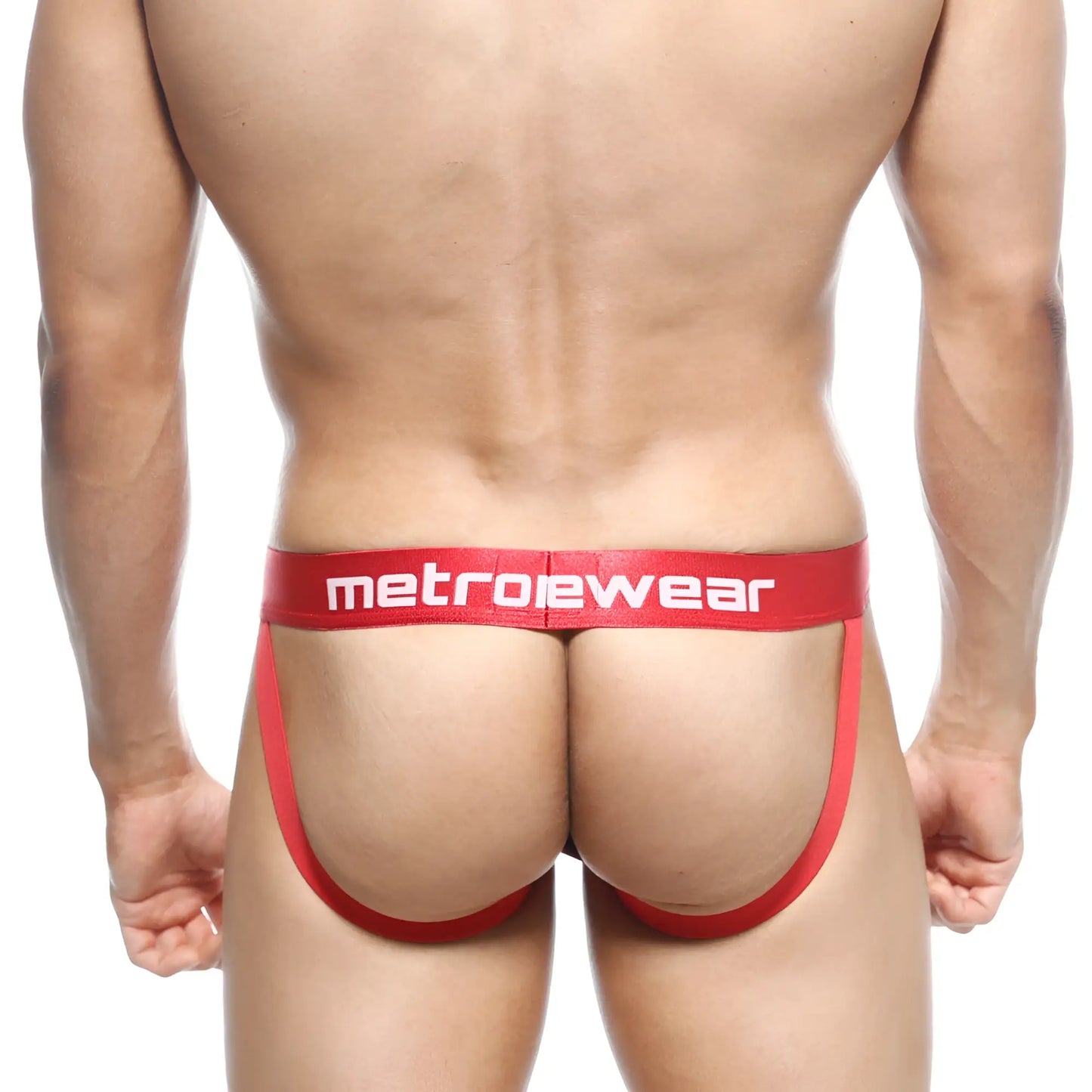 Red metrowear briefs with a bold white logo waistband from metro malewear jock strap atractivo 3001-76 collection