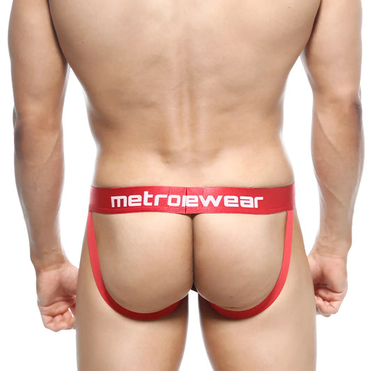 Red metrowear briefs with a bold white logo waistband from metro malewear jock strap atractivo 3001-76 collection