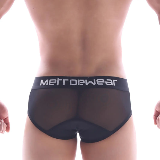 Black mesh briefs with a solid black waistband featuring metrowear logo in white from metromalewear joy mesh brief 9004-43