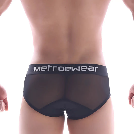 Black mesh briefs with a solid black waistband featuring metrowear logo in white from metromalewear joy mesh brief 9004-43