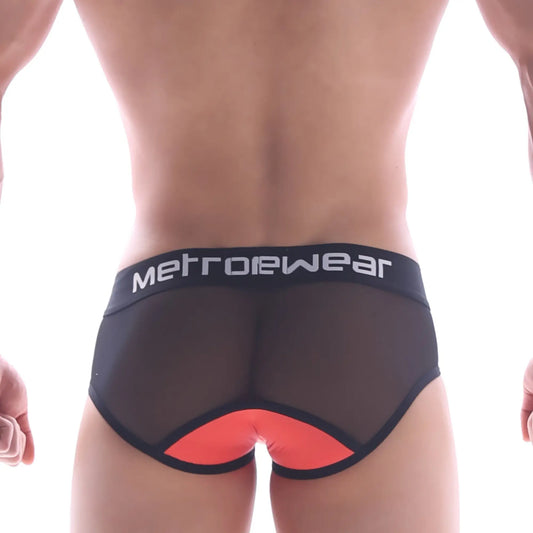 Black mesh briefs with vibrant orange triangular back accent and metrowear branded waistband from metromalewear joy mesh brief coral 9004-42