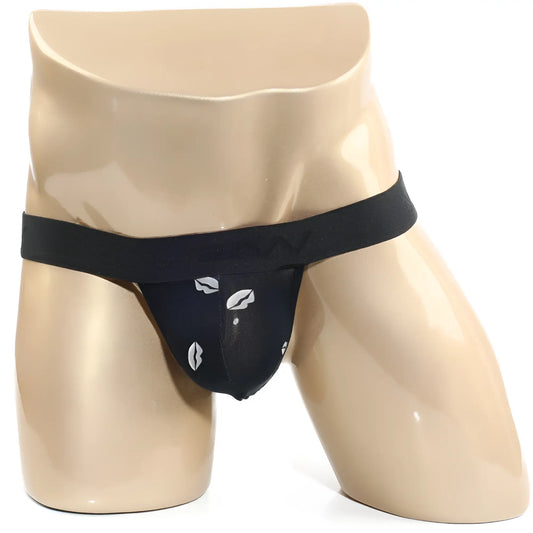 Black lace thong with white lip print design by MetroMaleWear ideal for stylish intimate wear