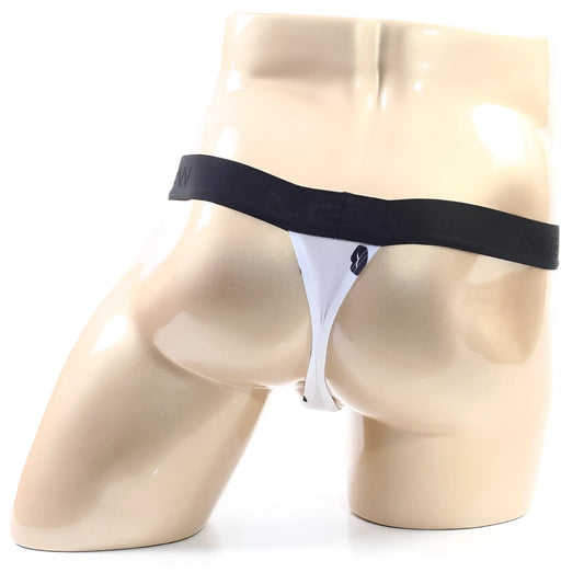 MetroMaleWear kiss white thong 3002-65 with black elastic waistband and small dark logo on the front
