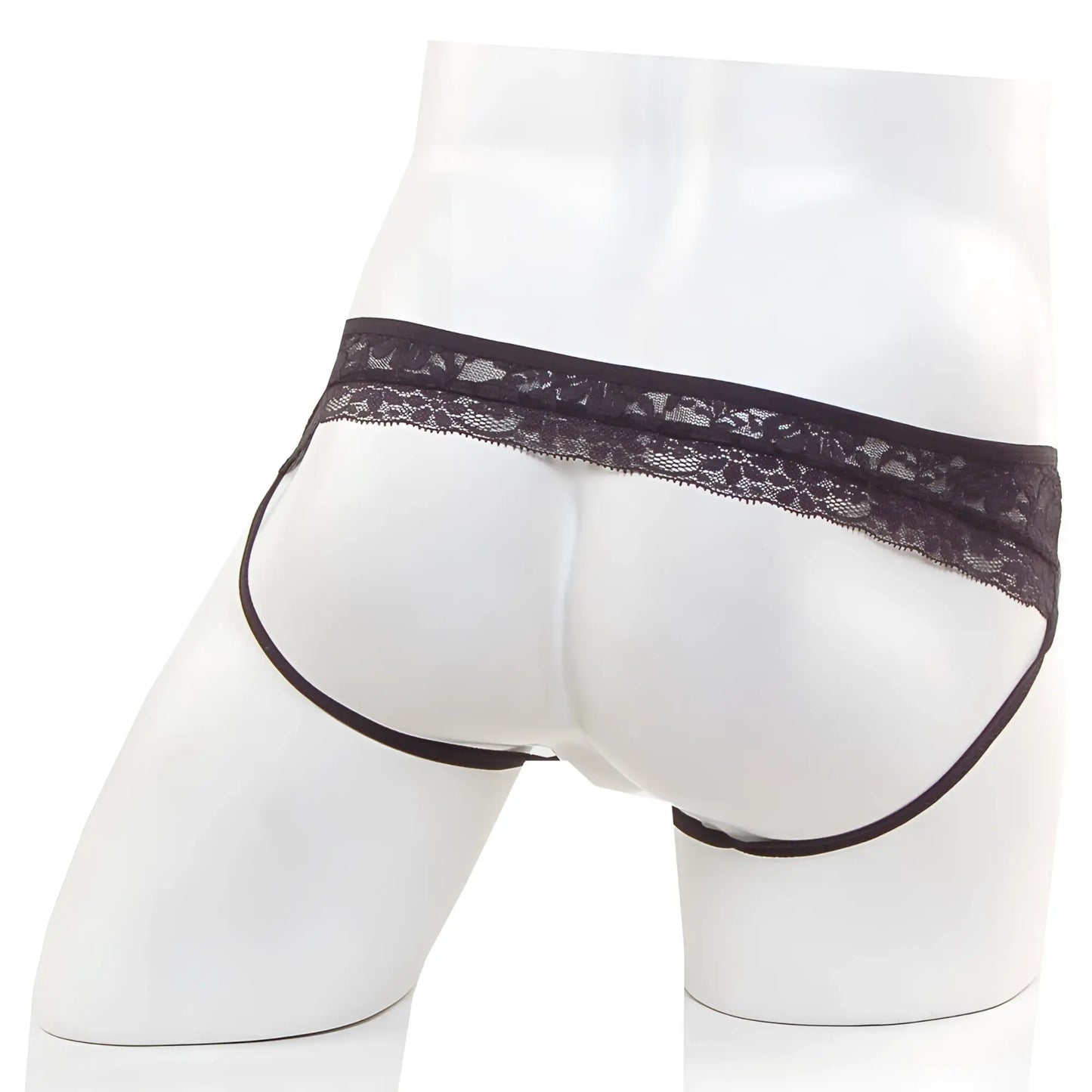 Black lace-trimmed MetroMaleWear lace jock strap briefs in sleek form-fitting design for stylish comfort in black
