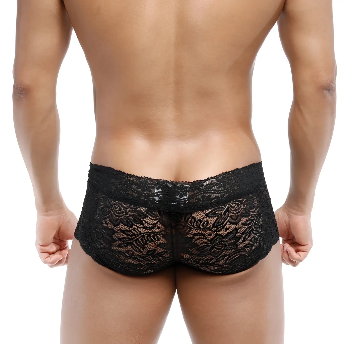 Black lace men’s underwear with intricate floral patterns from MetroMaleWear lace trunk black 2613-20 front view