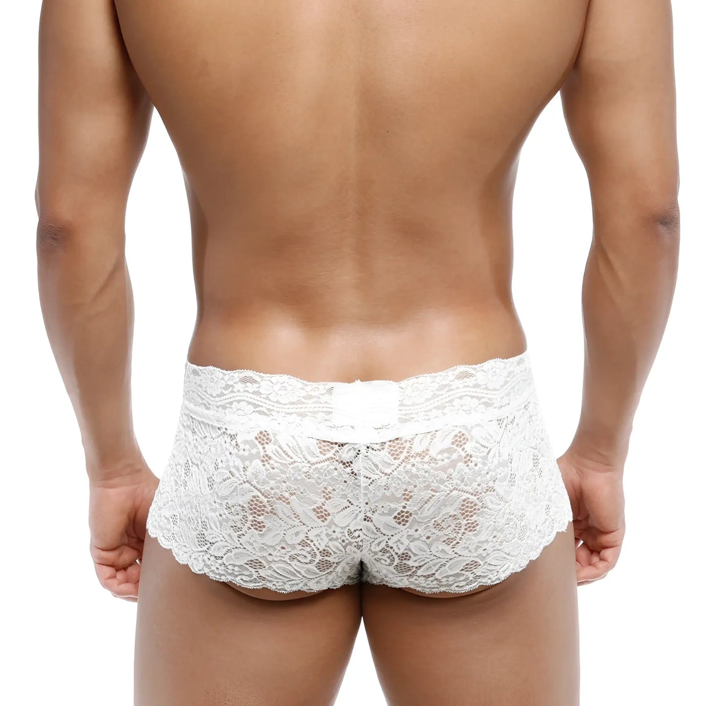 MetroMaleWear lace trunk white 2613-00 features white lace briefs with intricate floral patterns and scalloped hemline