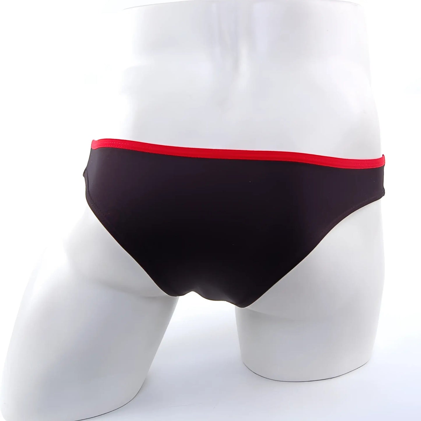 Black swim trunks with a bold red waistband from MetroMaleWear Lasso Bikini contrast black 2009-21 product line