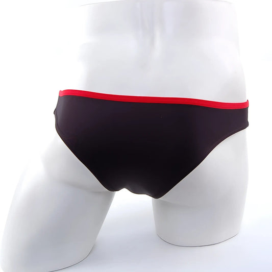 Black swim trunks with a bold red waistband from MetroMaleWear Lasso Bikini contrast black 2009-21 product line