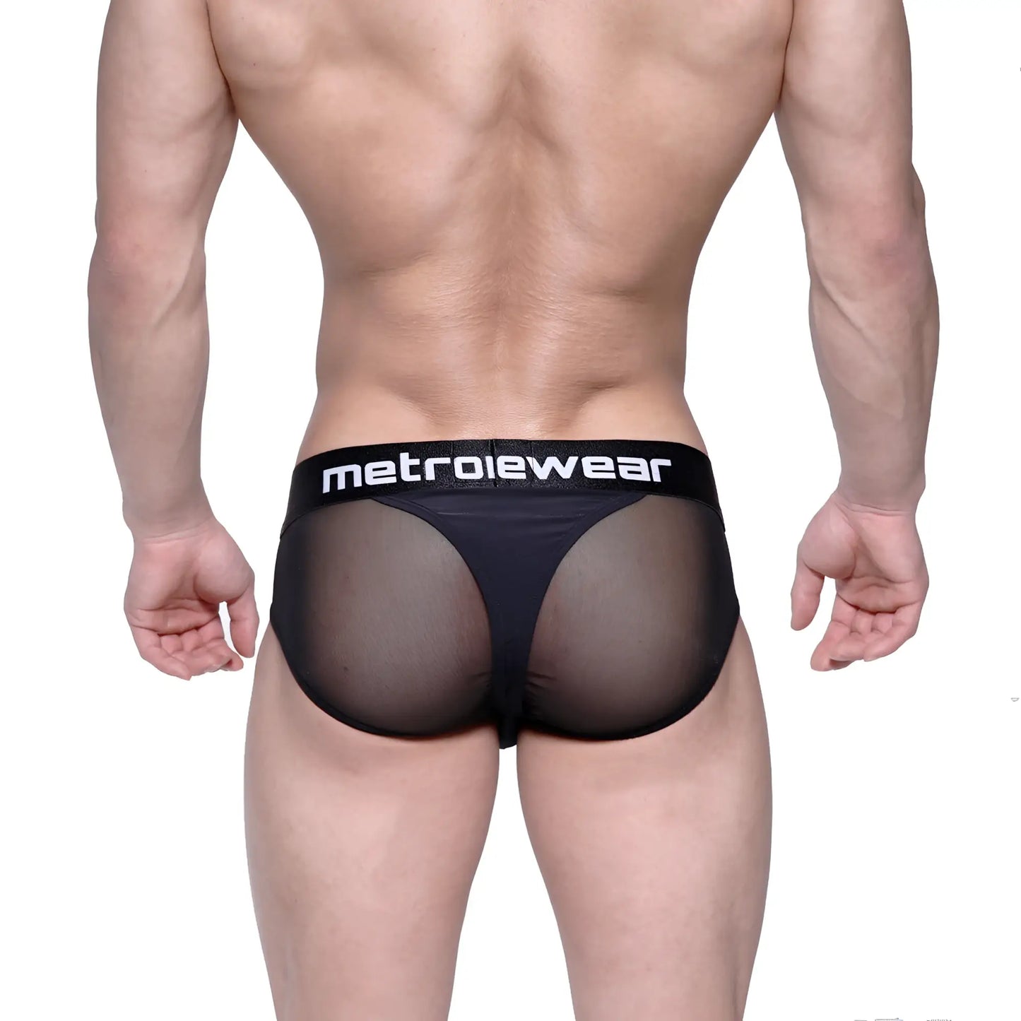 Black mesh MetroMaleWear layered hip briefs with a solid black waistband featuring the white logo