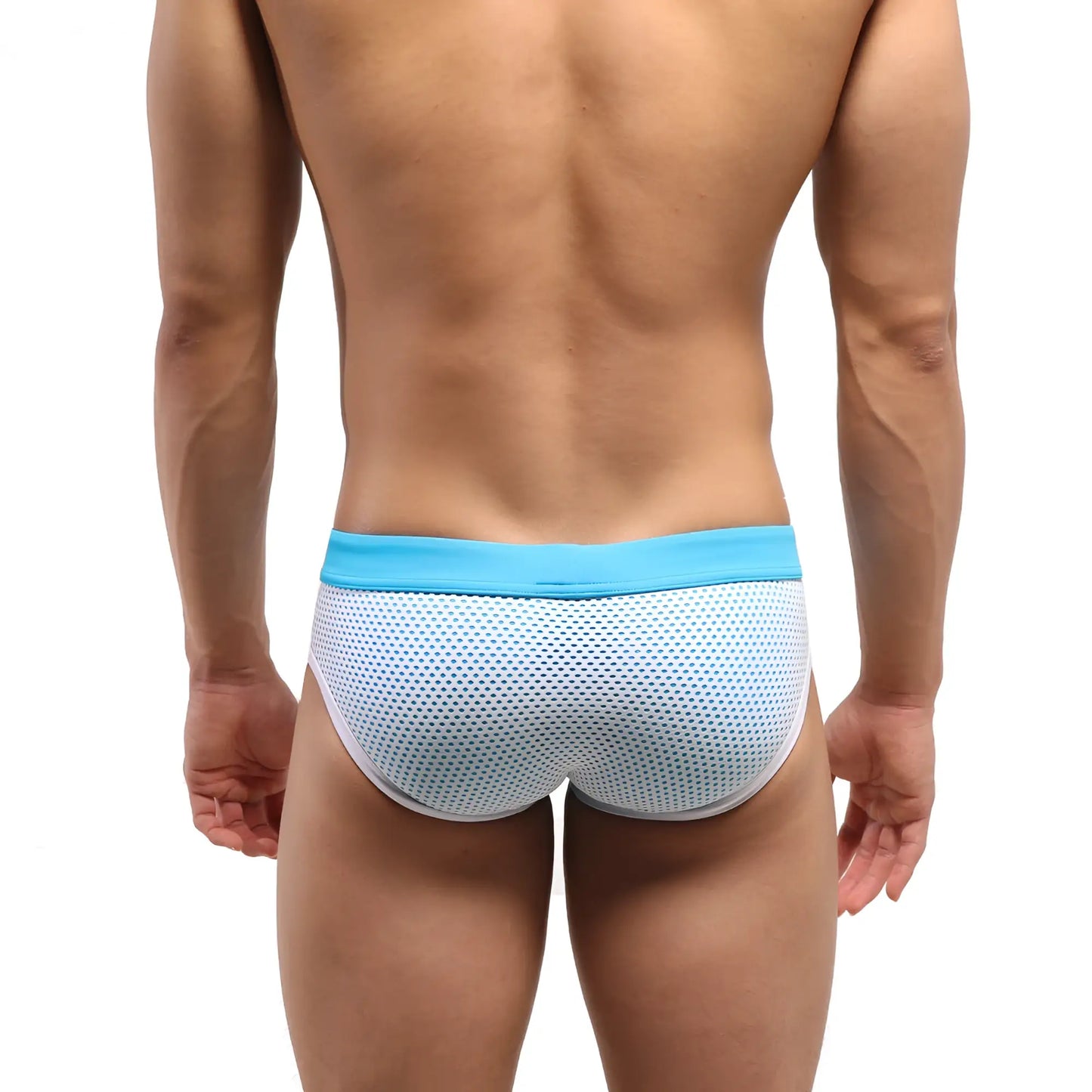 Light blue and white mesh swim trunks with a solid turquoise waistband from MetroMaleWear layered swim brief 4924-08