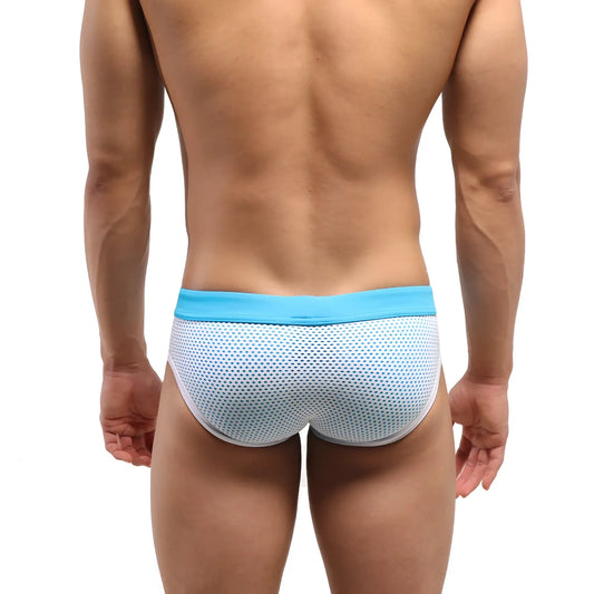 Light blue and white mesh swim trunks with a solid turquoise waistband from MetroMaleWear layered swim brief 4924-08