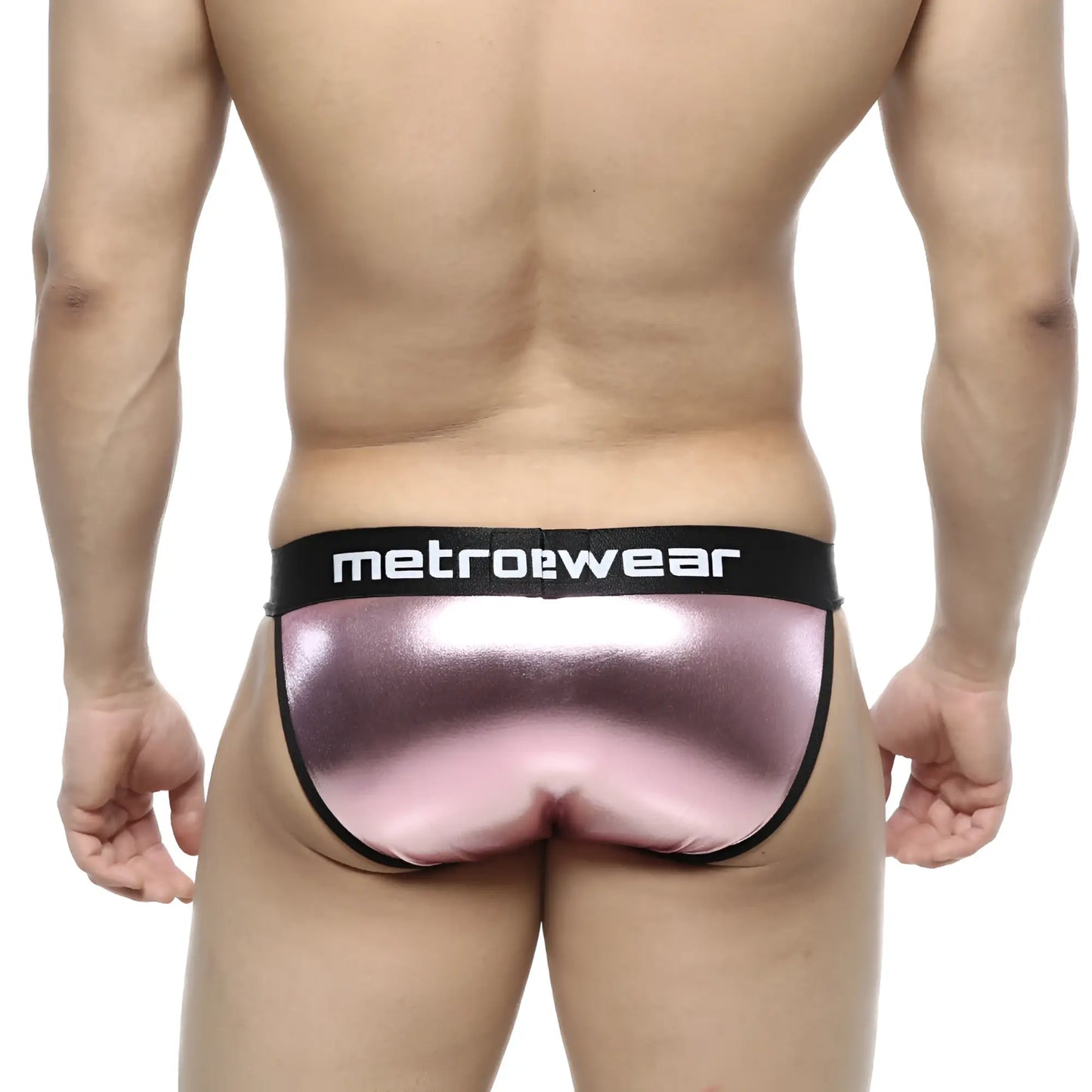 Pink metallic leather briefs with black metrowear waistband from metromalewear leather bikini 3004-F02 collection