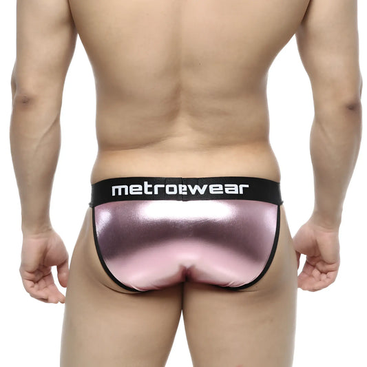 Pink metallic leather briefs with black metrowear waistband from metromalewear leather bikini 3004-F02 collection