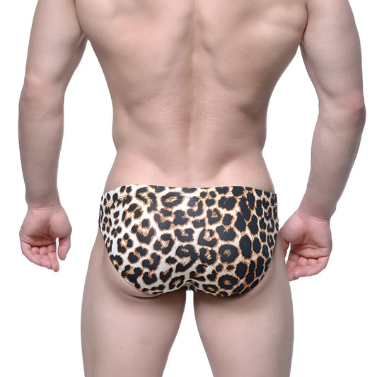 MetroMaleWear Leo Bikini 5103-M75 leopard-print swim trunks featuring a bold black and tan pattern