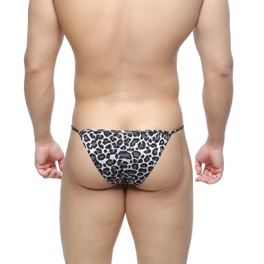 Black and white leopard-print thong bikini by metromalewear with string sides for a bold swimwear look