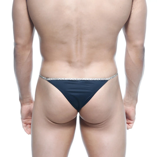 MetroMaleWear leopard string bikini black thong with sparkling silver trim ideal for stylish swimwear or lingerie use