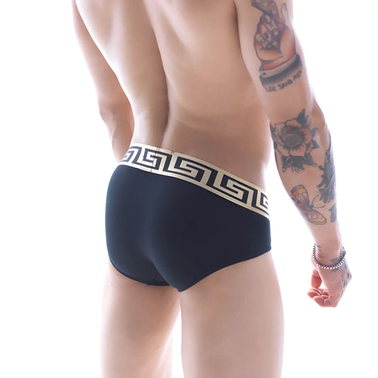 Black metroMalewear limited edition grid hip briefs with cream Greek key patterned waistband and comfortable fit