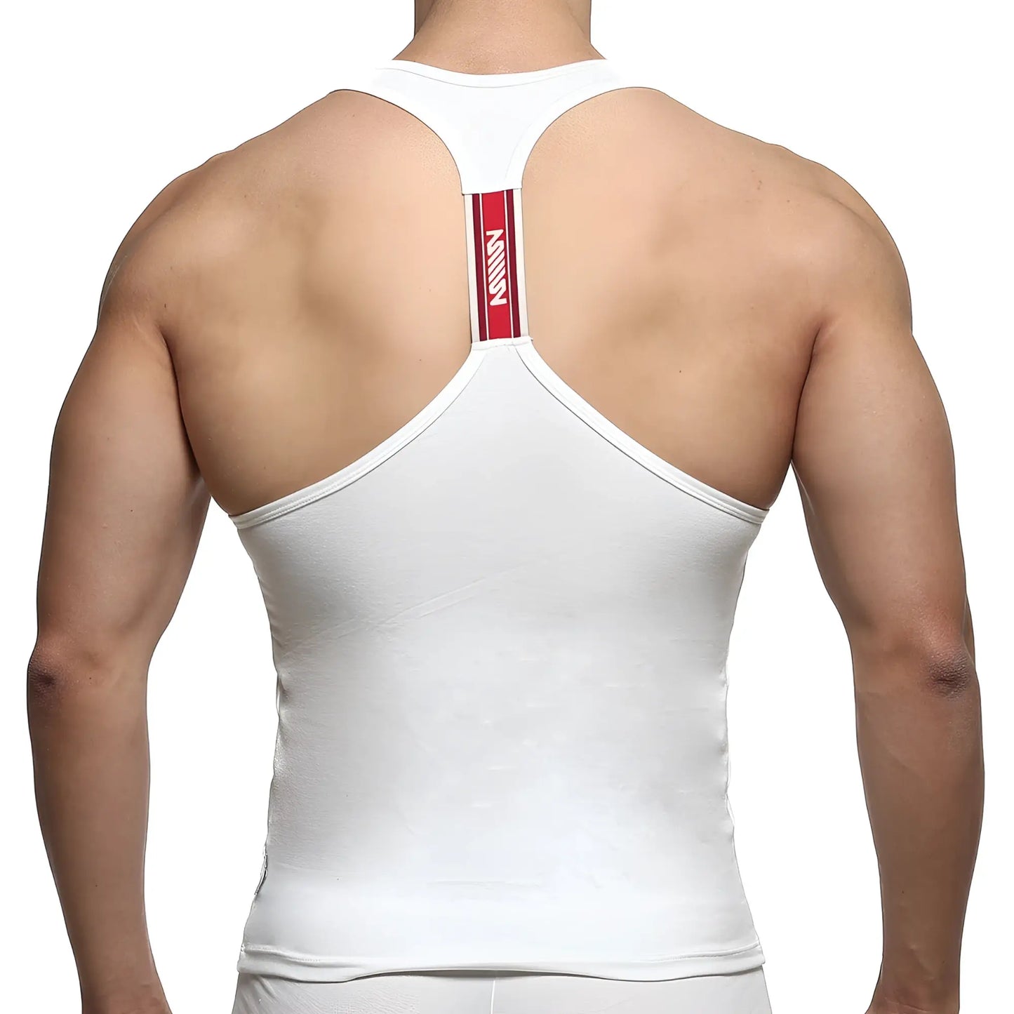 Back of white metroMalewear racerback tank top with red vertical stripe and mann logo in white lettering