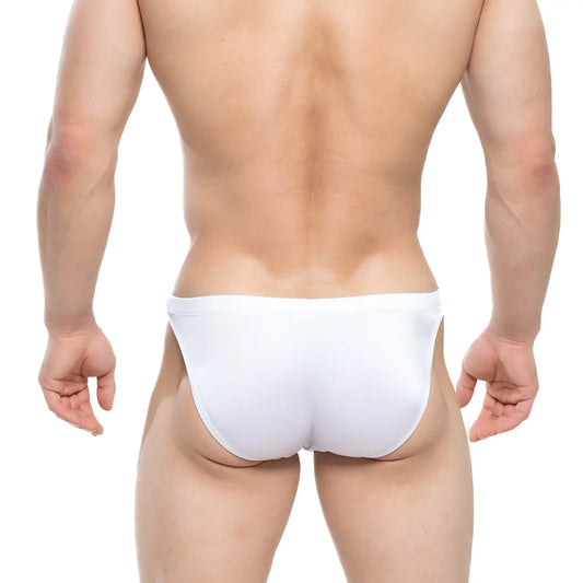 White form-fitting swim trunks with a smooth seamless design from MetroMaleWear lollipop swim bikini 4987-00 front view