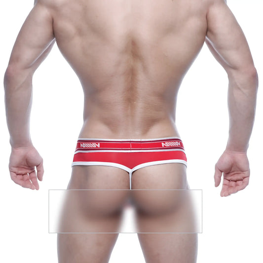 Red and white metroamalewear loreto g-string with sleek minimalist design and manny brand name on waistband