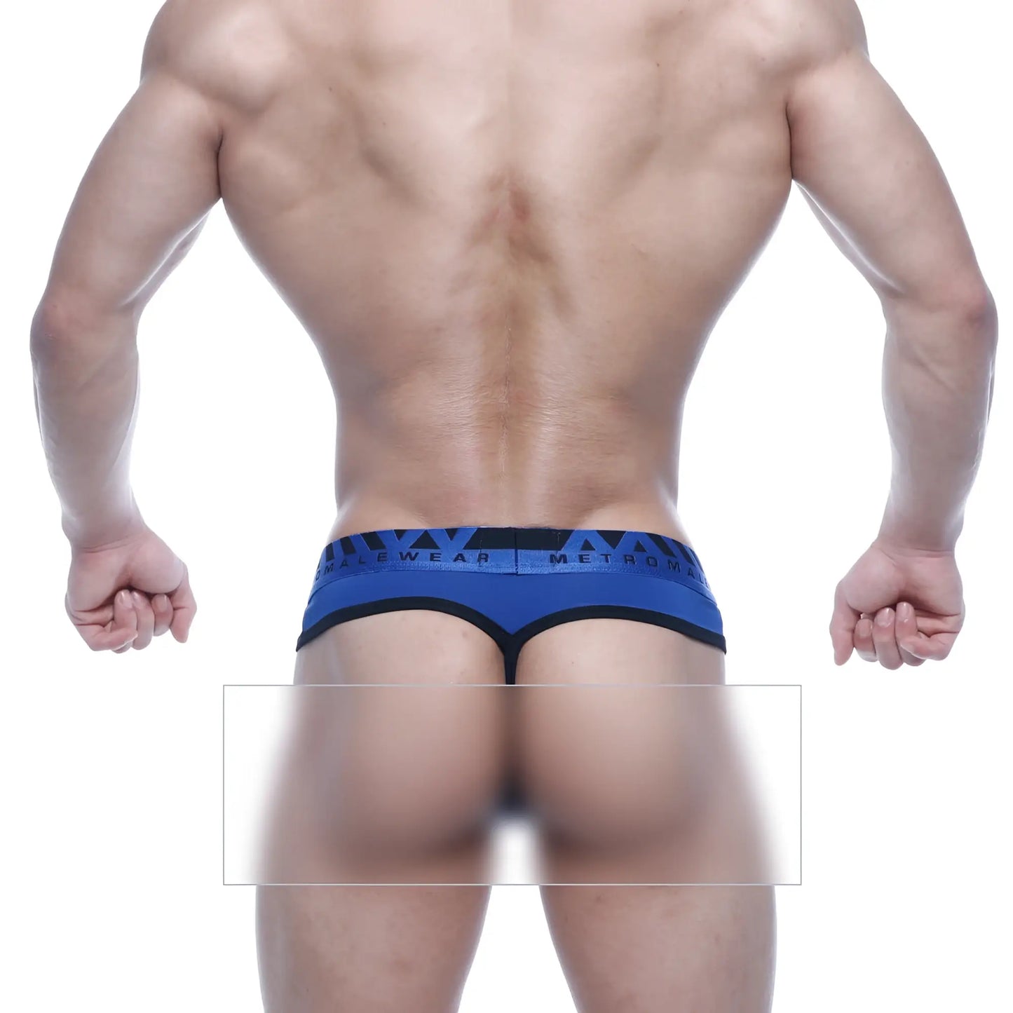 Blue and black MetroMaleWear Loreto G-string with bold geometric waistband pattern in athletic briefs style