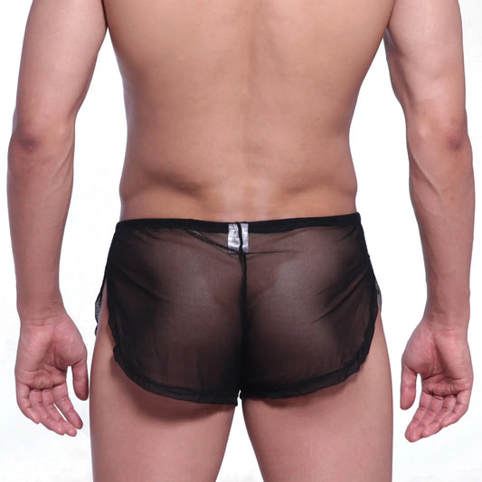 Black sheer mesh briefs with solid black waistband and side panels from MetroMaleWear Lounge Split Boxer 2008-71